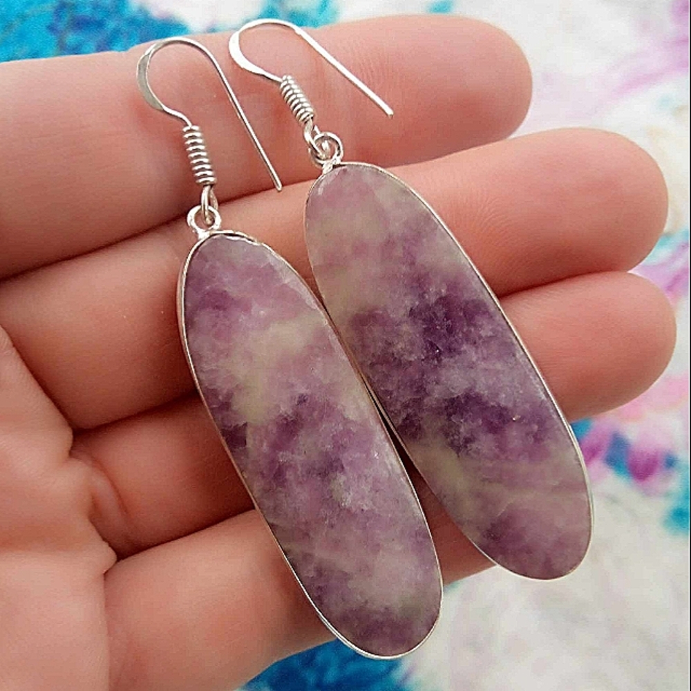 ❤ Artisan Lepidolite Purple Lavender Gemstone Sterling Silver Dangle Earrings!